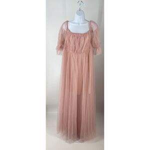 Blush Pink Puff Sleeve Tulle Maxi Dress